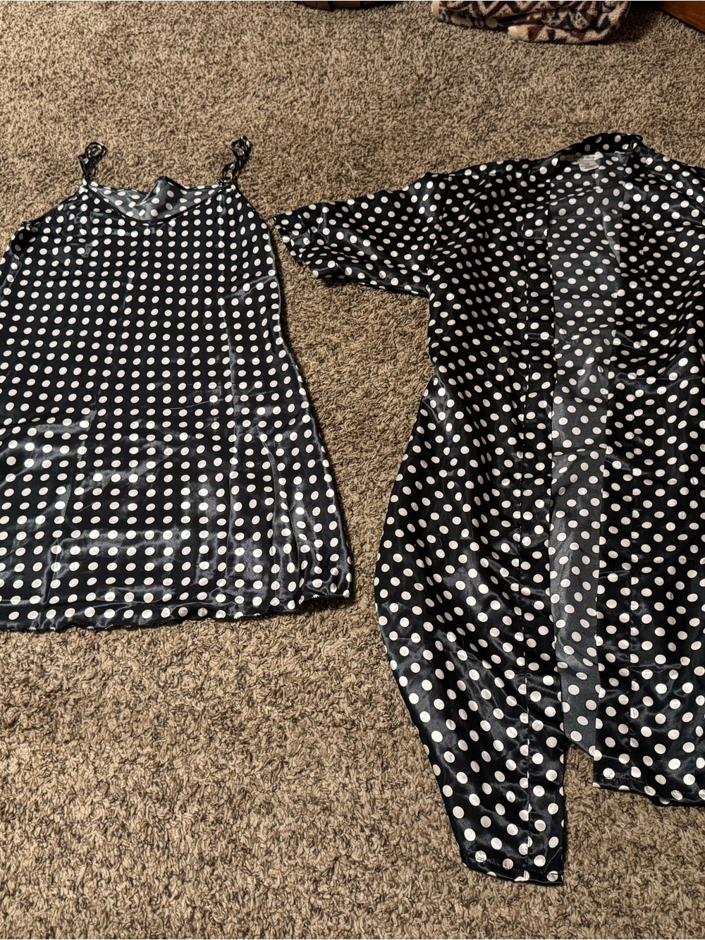 Polka Dot Satin Cami Slip and Matching robe - Black/White